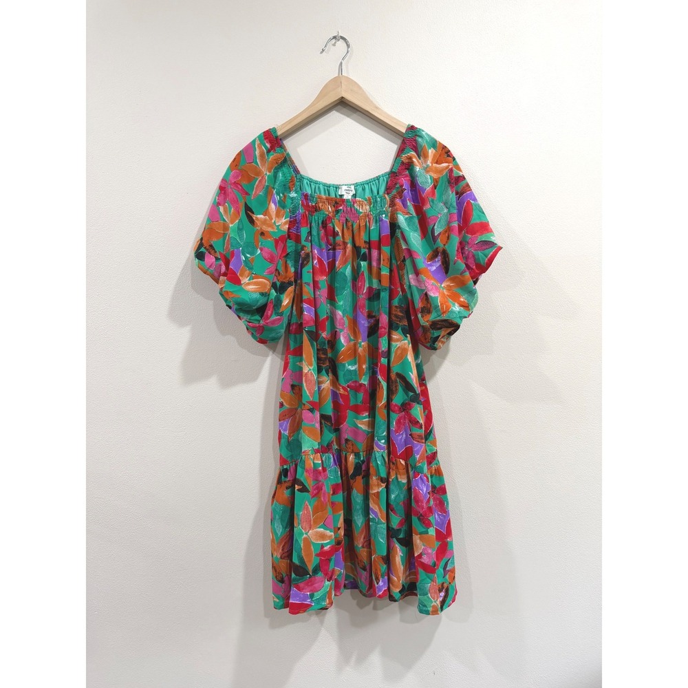 Entro Floral Puff Sleeve Smocked Mini Dress Green Orange XL D20772P